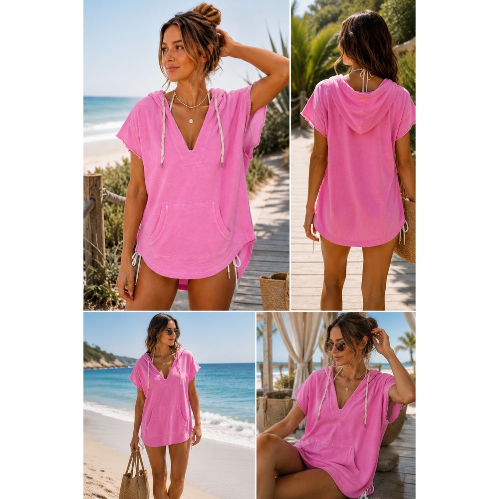 Splendid Beach Cover Up Womens XS Pink Hooded Cotton Oversized Short Sleev - Picture 10 of 11